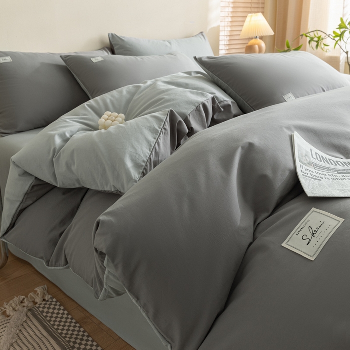 91家纺网 家纺一手货源 找家纺 ab家纺 2024新款40支全棉水洗棉双拼四件套 深灰浅灰