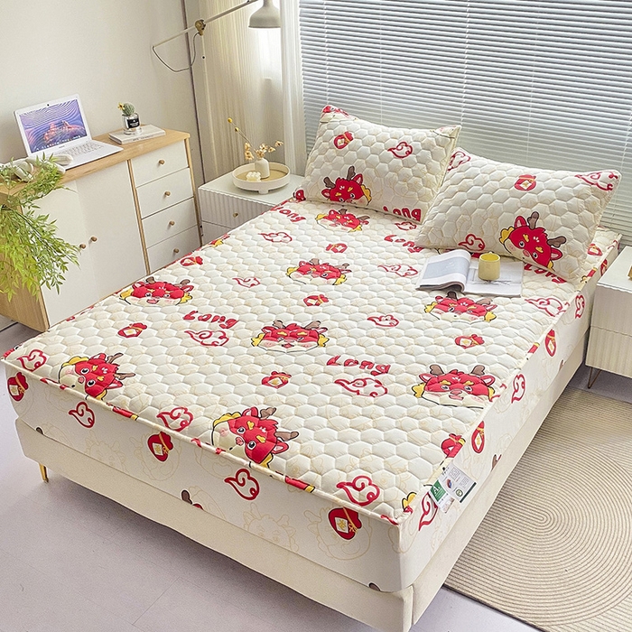 91家纺网 家纺一手货源 找家纺 九亭家纺 2024新款A类抗菌全棉夹棉防水床笠 防水-吉祥龙