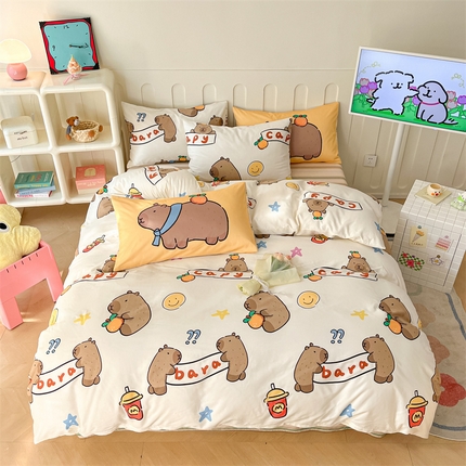 呗旺鹿  2024新款舒适亲肤全棉40支大平网定位枕萌趣印花卡通四件套 卡皮巴拉