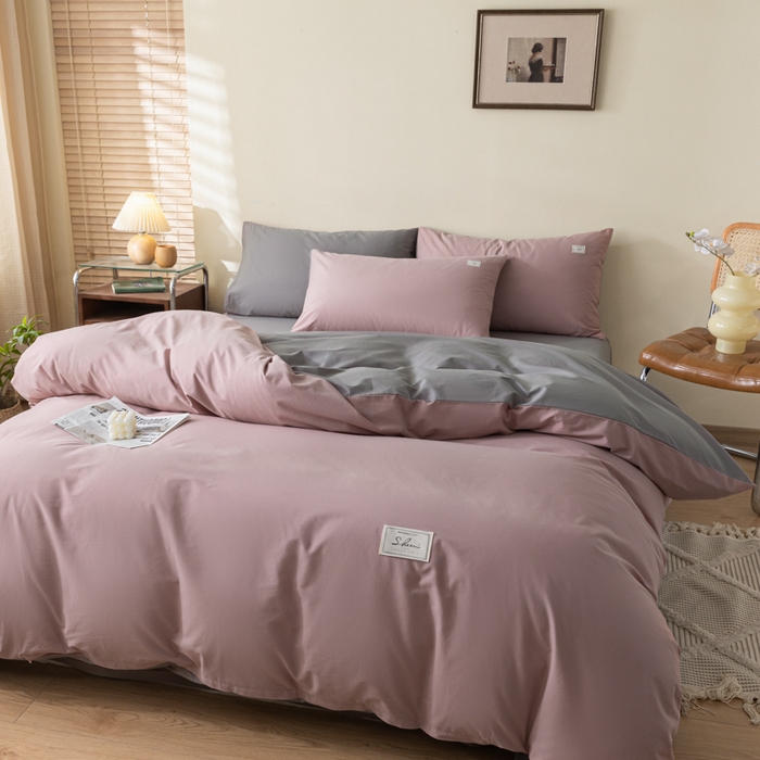 91家纺网 家纺一手货源 找家纺 ab家纺 2024新款40支全棉水洗棉双拼四件套 豆沙深灰