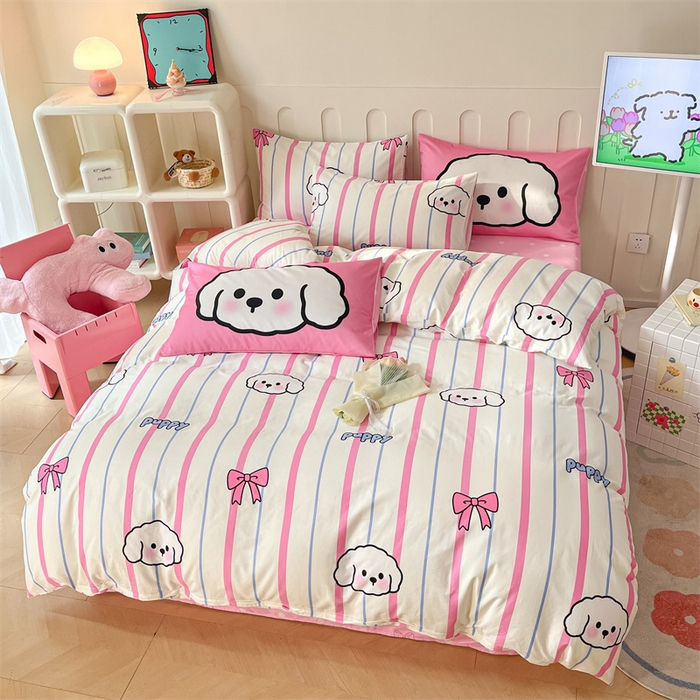 91家纺网 家纺一手货源 找家纺 呗旺鹿  2024新款舒适亲肤全棉40支大平网定位枕萌趣印花卡通四件套 小白狗