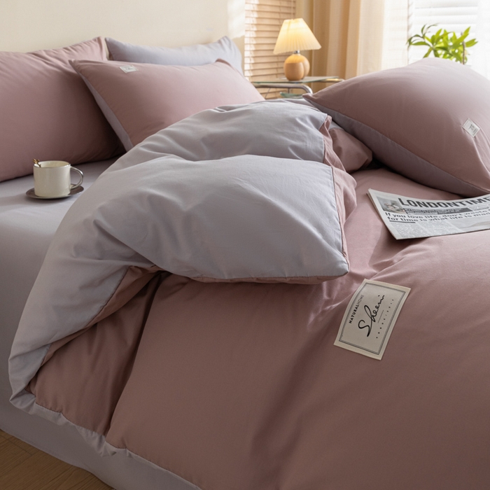 91家纺网 家纺一手货源 找家纺 ab家纺 2024新款40支全棉水洗棉双拼四件套 豆沙香芋紫