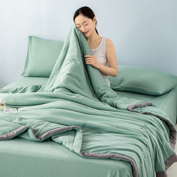91家纺网 家纺一手货源 找家纺 森林人 2024新款A类水洗棉大豆纤维夏被四件套 薄荷绿