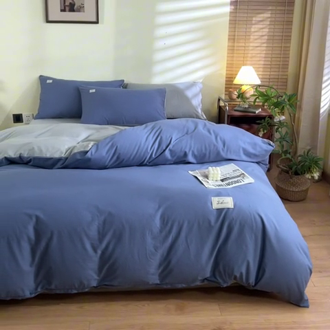 91家纺网 家纺一手货源 找家纺 ab家纺 2024新款40支全棉水洗棉双拼四件套 宾利蓝浅灰