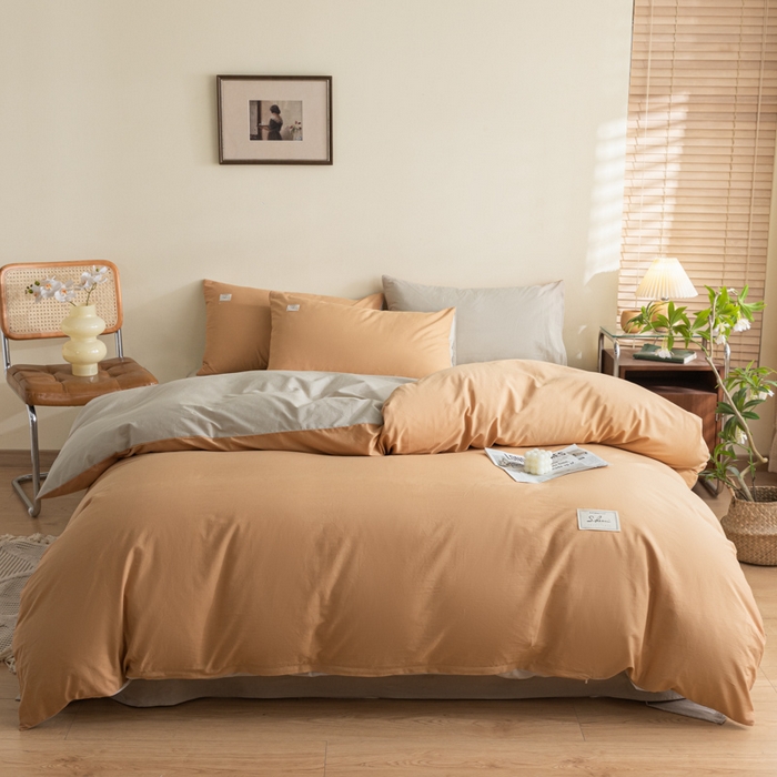 91家纺网 家纺一手货源 找家纺 ab家纺 2024新款40支全棉水洗棉双拼四件套 西柚米咖