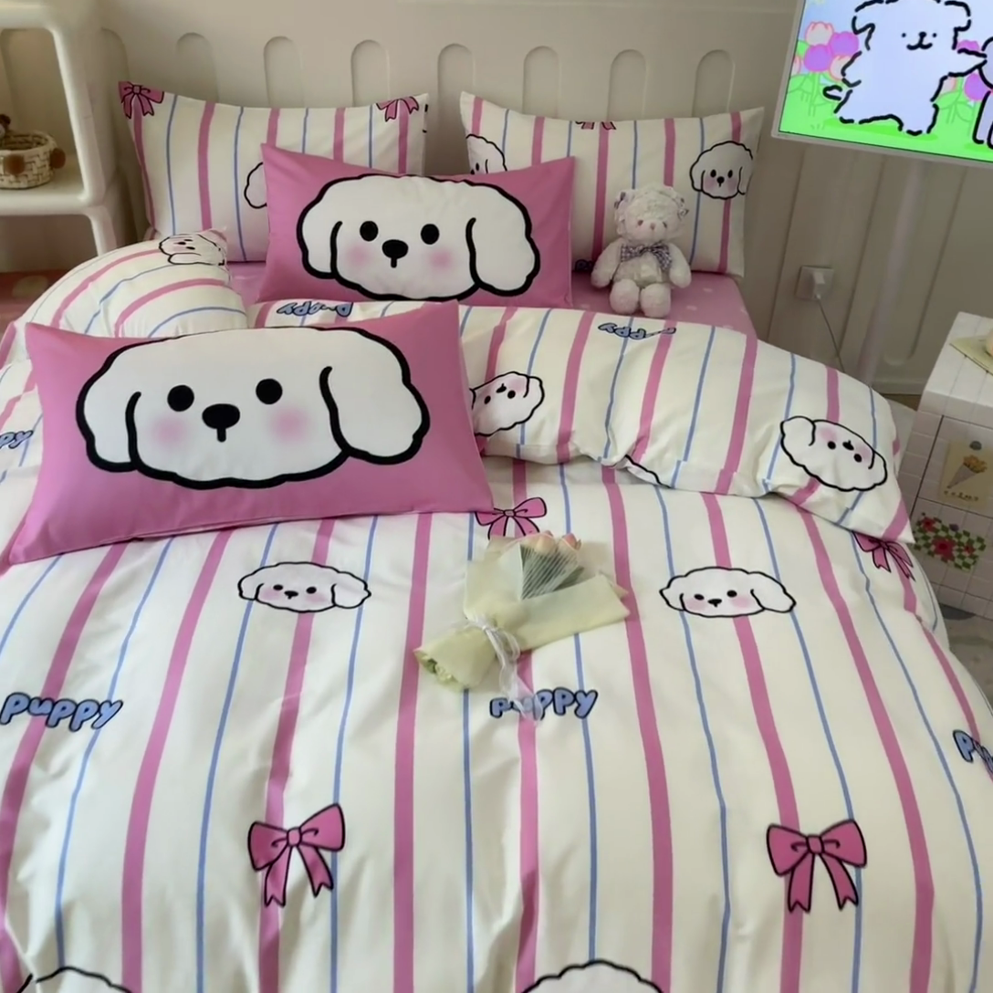 91家纺网 家纺一手货源 找家纺 （总）呗旺鹿  2024新款舒适亲肤全棉40支大平网定位枕萌趣印花卡通四件套