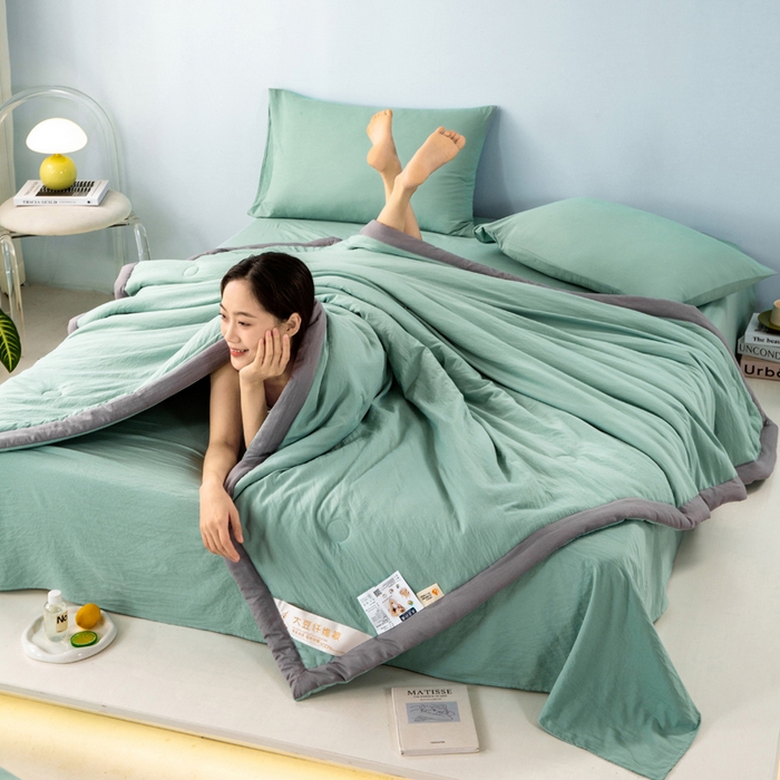91家纺网 家纺一手货源 找家纺 森林人 2024新款A类水洗棉大豆纤维夏被四件套 薄荷绿