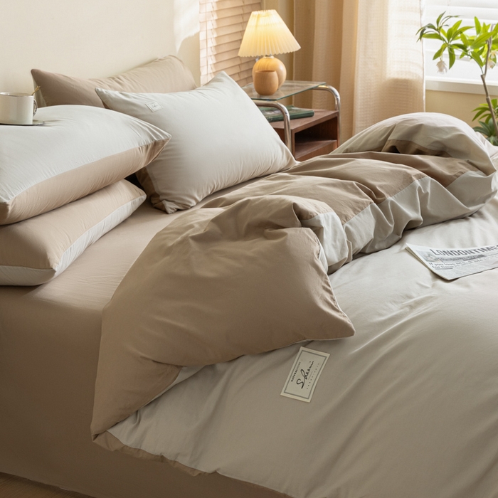 91家纺网 家纺一手货源 找家纺 ab家纺 2024新款40支全棉水洗棉双拼四件套 米-咖