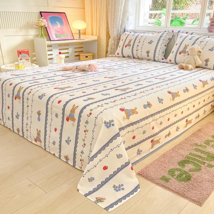 91家纺网 家纺一手货源 找家纺 铭成家纺 2024新款新疆棉喷气印花小清新系列单床单 草莓花期