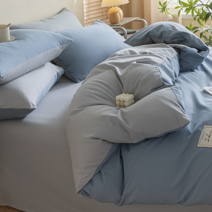 91家纺网 家纺一手货源 找家纺 ab家纺 2024新款40支全棉水洗棉双拼四件套 浅蓝灰