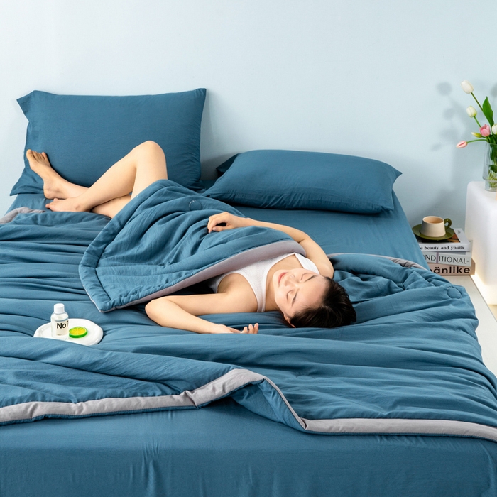 91家纺网 家纺一手货源 找家纺 森林人 2024新款A类水洗棉大豆纤维夏被四件套 宾利蓝