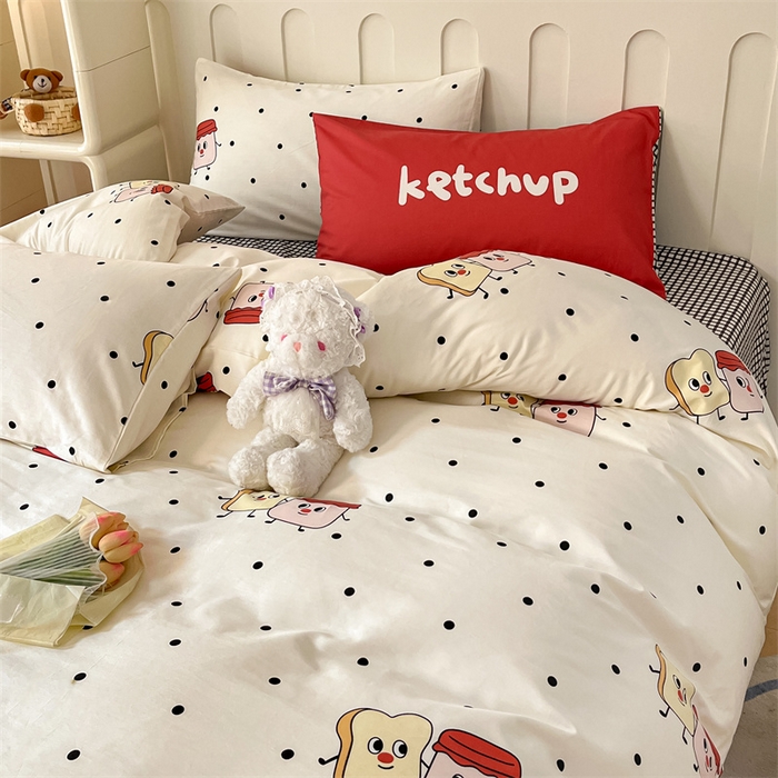 91家纺网 家纺一手货源 找家纺 呗旺鹿  2024新款舒适亲肤全棉40支大平网定位枕萌趣印花卡通四件套 蜜糖吐司