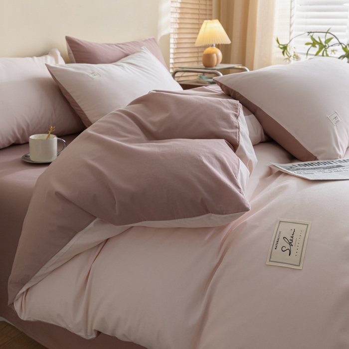 91家纺网 家纺一手货源 找家纺 ab家纺 2024新款40支全棉水洗棉双拼四件套 微微粉豆沙