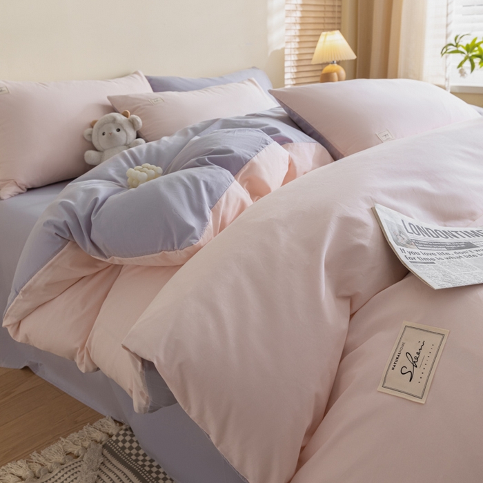 91家纺网 家纺一手货源 找家纺 ab家纺 2024新款40支全棉水洗棉双拼四件套 微微粉香芋紫