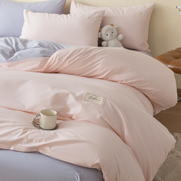 91家纺网 家纺一手货源 找家纺 ab家纺 2024新款40支全棉水洗棉双拼四件套 微微粉香芋紫