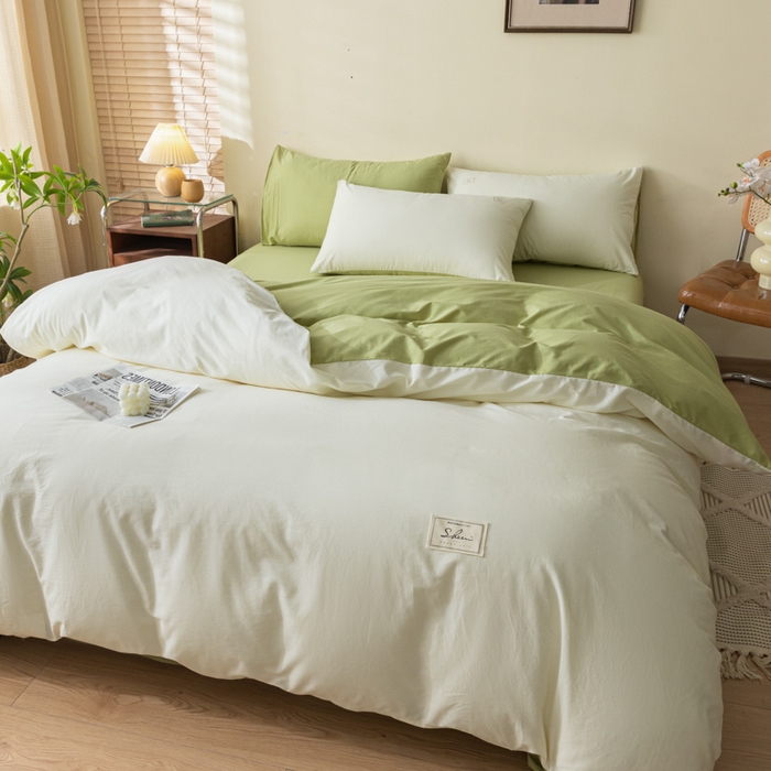 91家纺网 家纺一手货源 找家纺 ab家纺 2024新款40支全棉水洗棉双拼四件套 杏黄橄榄绿