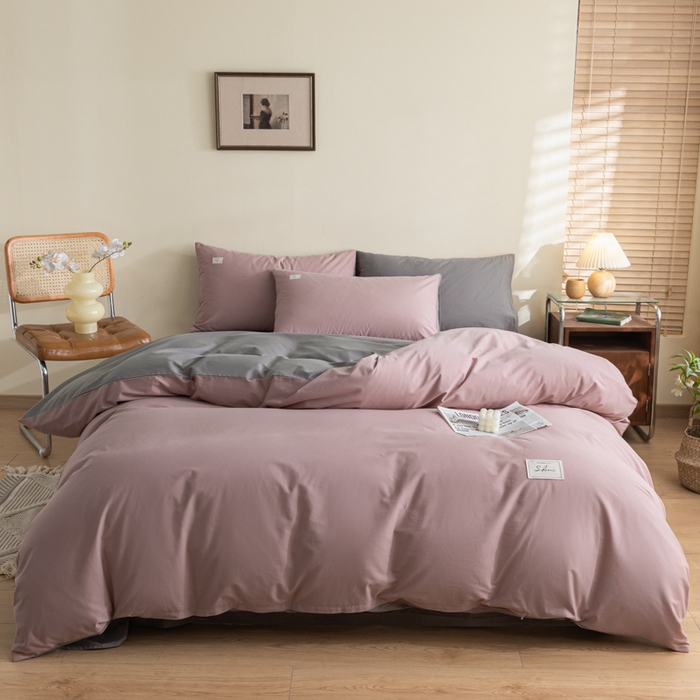 91家纺网 家纺一手货源 找家纺 ab家纺 2024新款40支全棉水洗棉双拼四件套 豆沙深灰