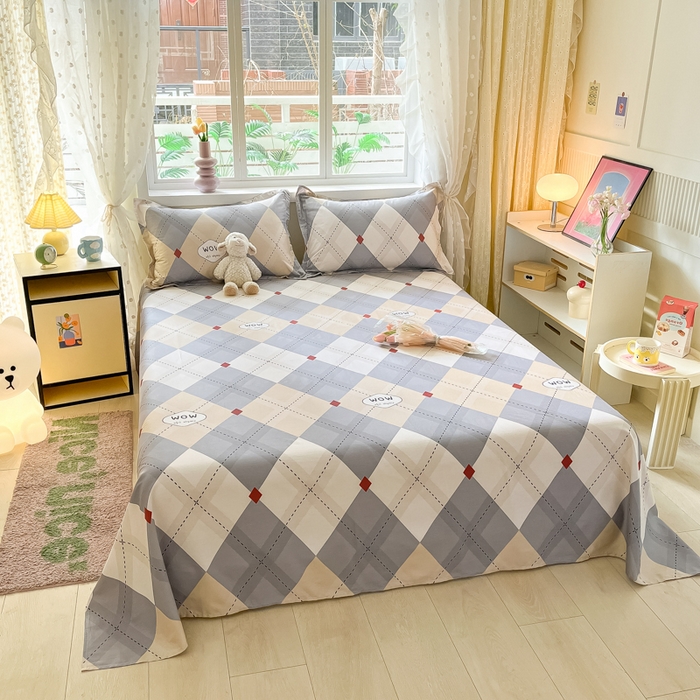 91家纺网 家纺一手货源 找家纺 铭成家纺 2024新款新疆棉喷气印花小清新系列单床单 意林-灰