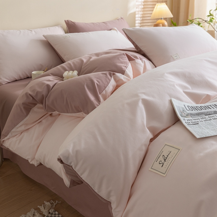91家纺网 家纺一手货源 找家纺 ab家纺 2024新款40支全棉水洗棉双拼四件套 微微粉豆沙