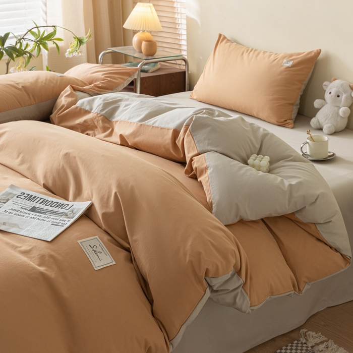 91家纺网 家纺一手货源 找家纺 ab家纺 2024新款40支全棉水洗棉双拼四件套 西柚米咖