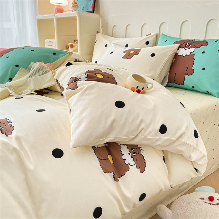 91家纺网 家纺一手货源 找家纺 呗旺鹿  2024新款舒适亲肤全棉40支大平网定位枕萌趣印花卡通四件套 尤克里