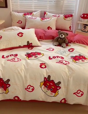 91家纺网 家纺一手货源 找家纺 西引力 2024新款全棉卡通印花单被套 开运龙 白