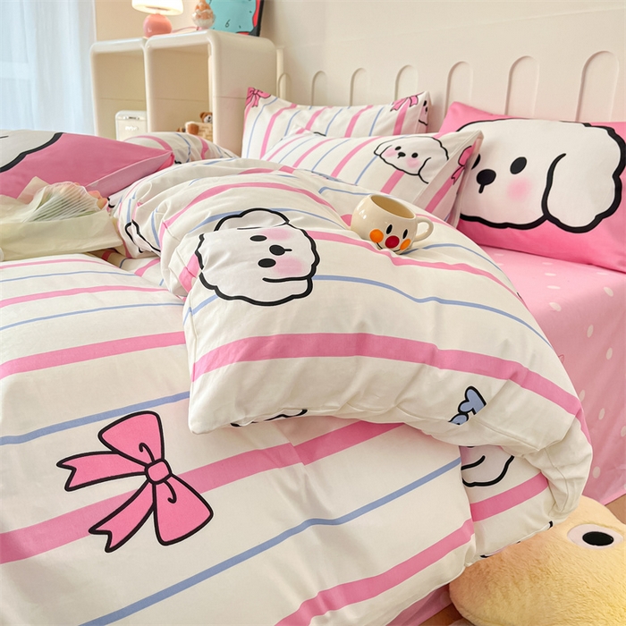 91家纺网 家纺一手货源 找家纺 呗旺鹿  2024新款舒适亲肤全棉40支大平网定位枕萌趣印花卡通四件套 小白狗