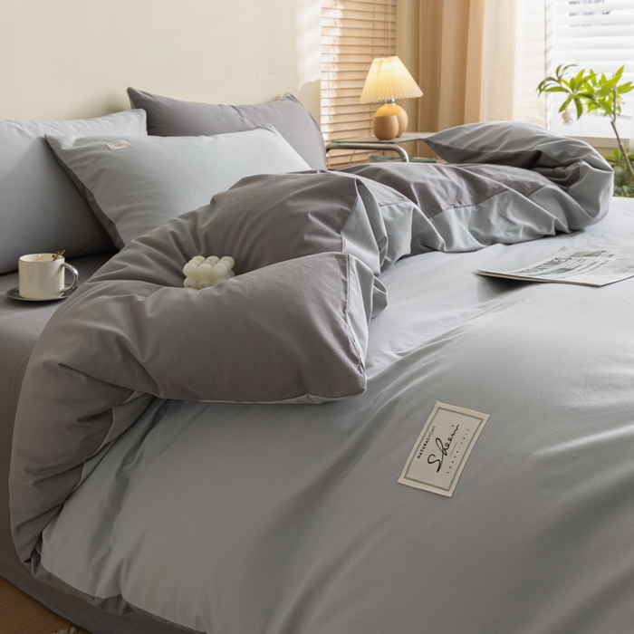 91家纺网 家纺一手货源 找家纺 ab家纺 2024新款40支全棉水洗棉双拼四件套 浅灰深灰