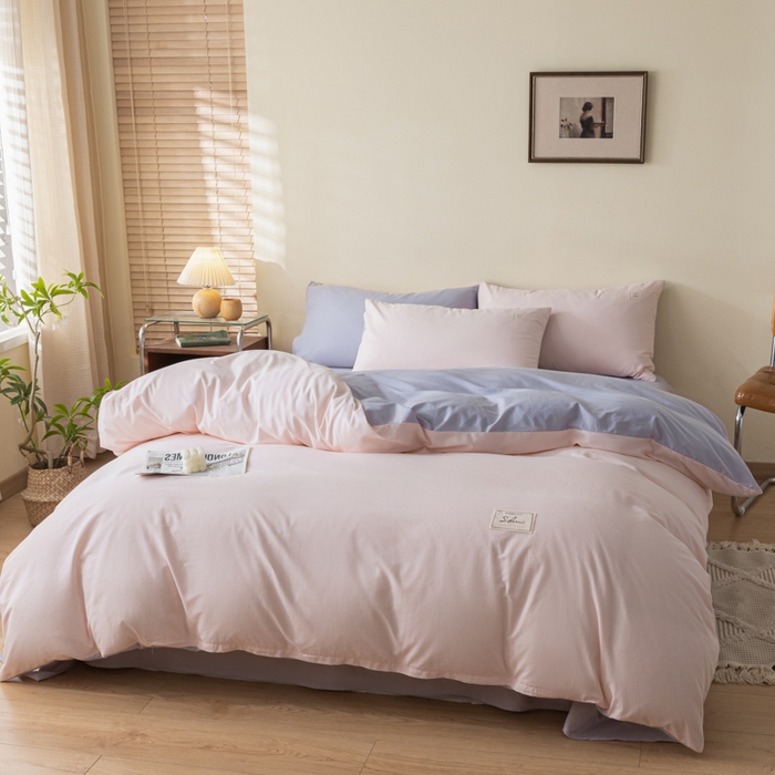 91家纺网 家纺一手货源 找家纺 ab家纺 2024新款40支全棉水洗棉双拼四件套 微微粉香芋紫