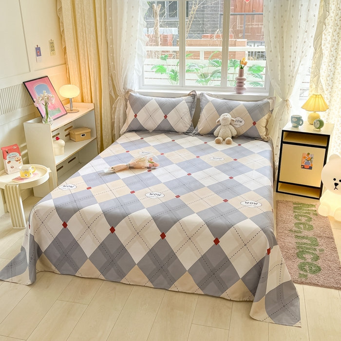 91家纺网 家纺一手货源 找家纺 铭成家纺 2024新款新疆棉喷气印花小清新系列单床单 意林-灰