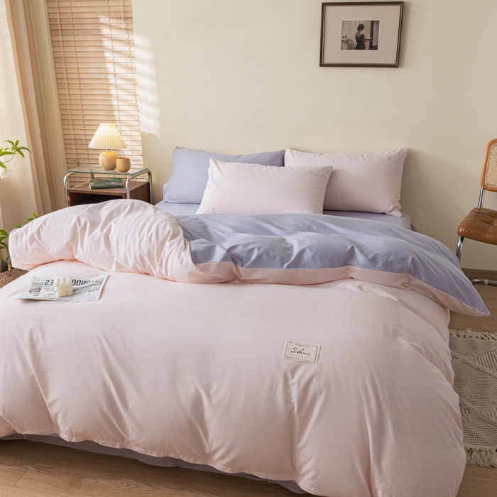 91家纺网 家纺一手货源 找家纺 ab家纺 2024新款40支全棉水洗棉双拼四件套 微微粉香芋紫