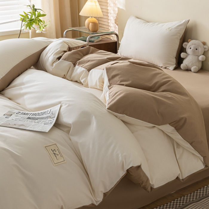 91家纺网 家纺一手货源 找家纺 ab家纺 2024新款40支全棉水洗棉双拼四件套 淡奶油咖