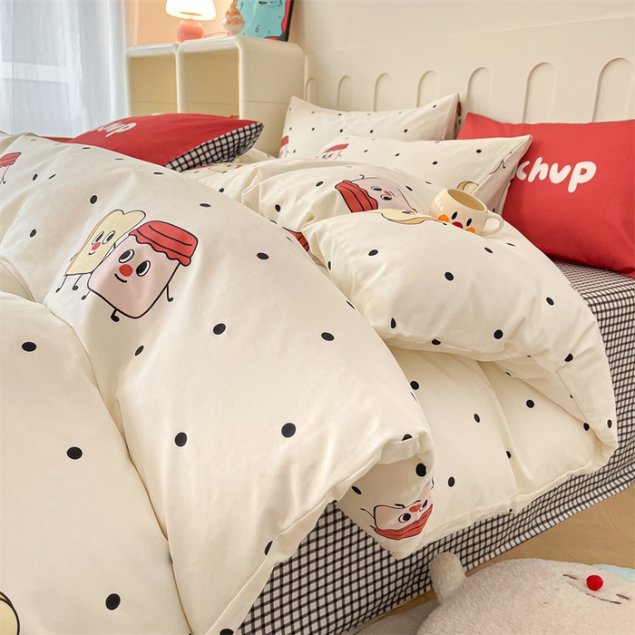 91家纺网 家纺一手货源 找家纺 呗旺鹿  2024新款舒适亲肤全棉40支大平网定位枕萌趣印花卡通四件套 蜜糖吐司