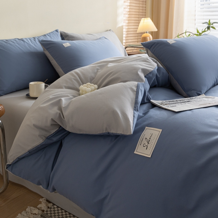 91家纺网 家纺一手货源 找家纺 ab家纺 2024新款40支全棉水洗棉双拼四件套 宾利蓝浅灰