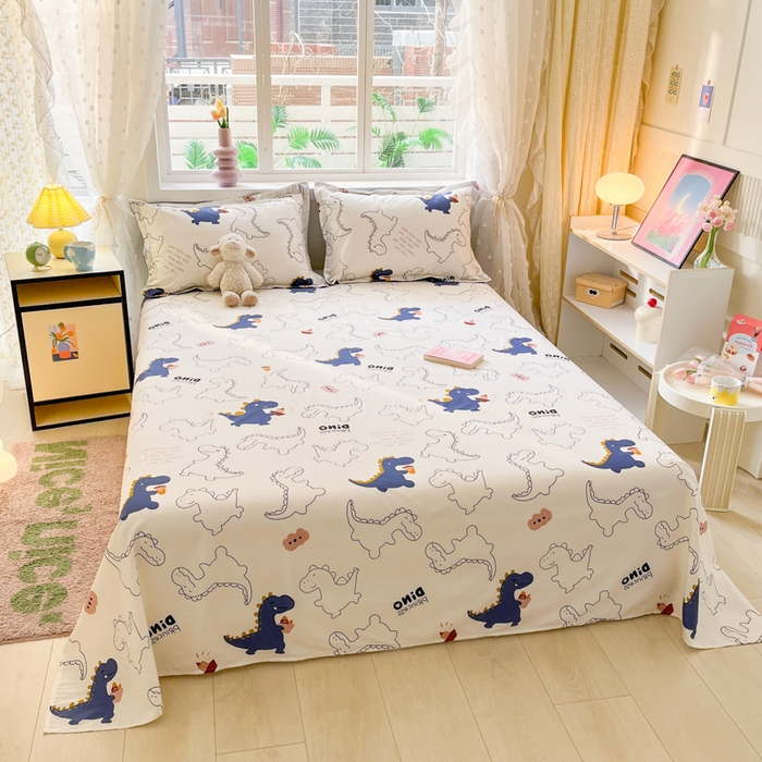 91家纺网 家纺一手货源 找家纺 铭成家纺 2024新款新疆棉喷气印花小清新系列单床单 面包龙