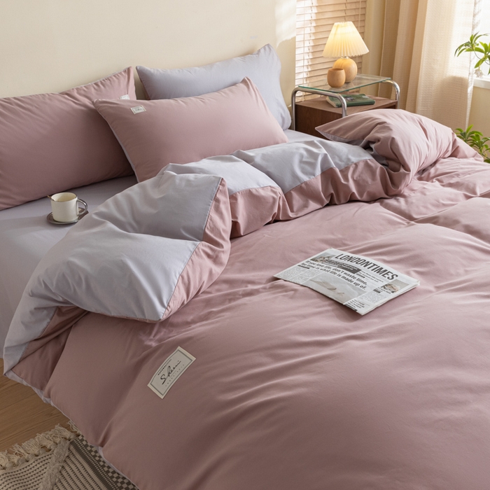 91家纺网 家纺一手货源 找家纺 ab家纺 2024新款40支全棉水洗棉双拼四件套 豆沙香芋紫