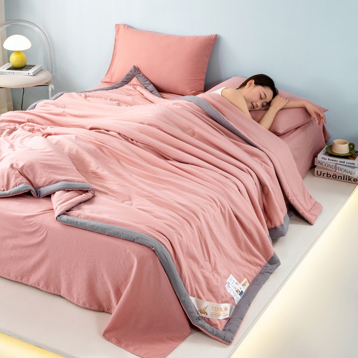 91家纺网 家纺一手货源 找家纺 森林人 2024新款A类水洗棉大豆纤维夏被四件套 豆沙