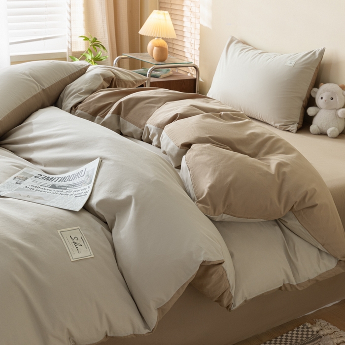 91家纺网 家纺一手货源 找家纺 ab家纺 2024新款40支全棉水洗棉双拼四件套 米-咖