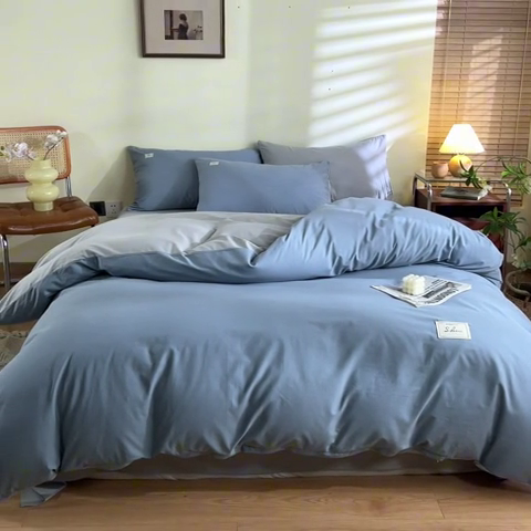91家纺网 家纺一手货源 找家纺 ab家纺 2024新款40支全棉水洗棉双拼四件套 浅蓝灰