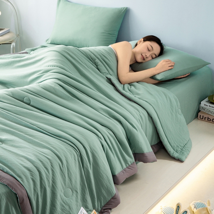 91家纺网 家纺一手货源 找家纺 森林人 2024新款A类水洗棉大豆纤维夏被四件套 薄荷绿
