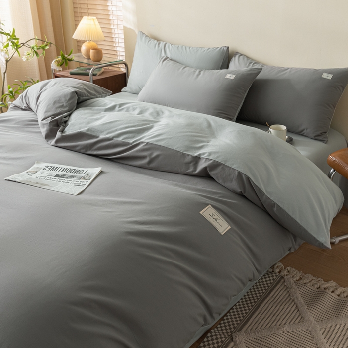 91家纺网 家纺一手货源 找家纺 ab家纺 2024新款40支全棉水洗棉双拼四件套 深灰浅灰
