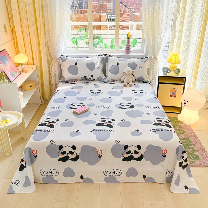 91家纺网 家纺一手货源 找家纺 铭成家纺 2024新款新疆棉喷气印花小清新系列单床单 熊猫拉拉