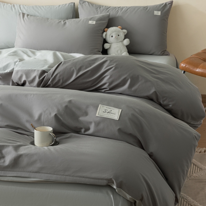 91家纺网 家纺一手货源 找家纺 ab家纺 2024新款40支全棉水洗棉双拼四件套 深灰浅灰