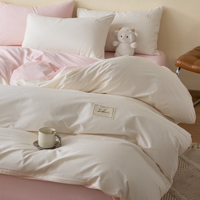 91家纺网 家纺一手货源 找家纺 ab家纺 2024新款40支全棉水洗棉双拼四件套 淡奶油粉