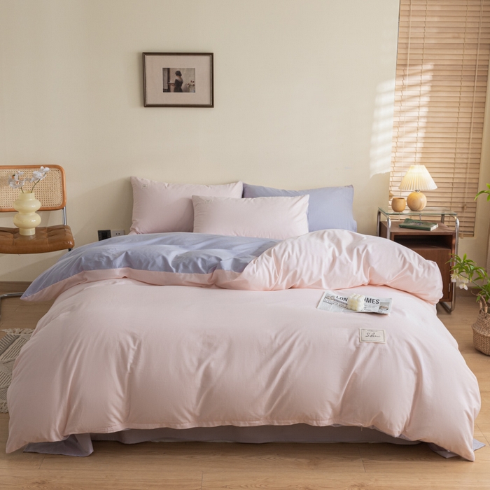 91家纺网 家纺一手货源 找家纺 ab家纺 2024新款40支全棉水洗棉双拼四件套 微微粉香芋紫