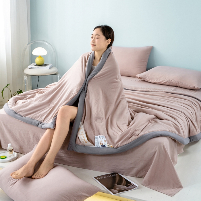 91家纺网 家纺一手货源 找家纺 森林人 2024新款A类水洗棉大豆纤维夏被四件套 卡其