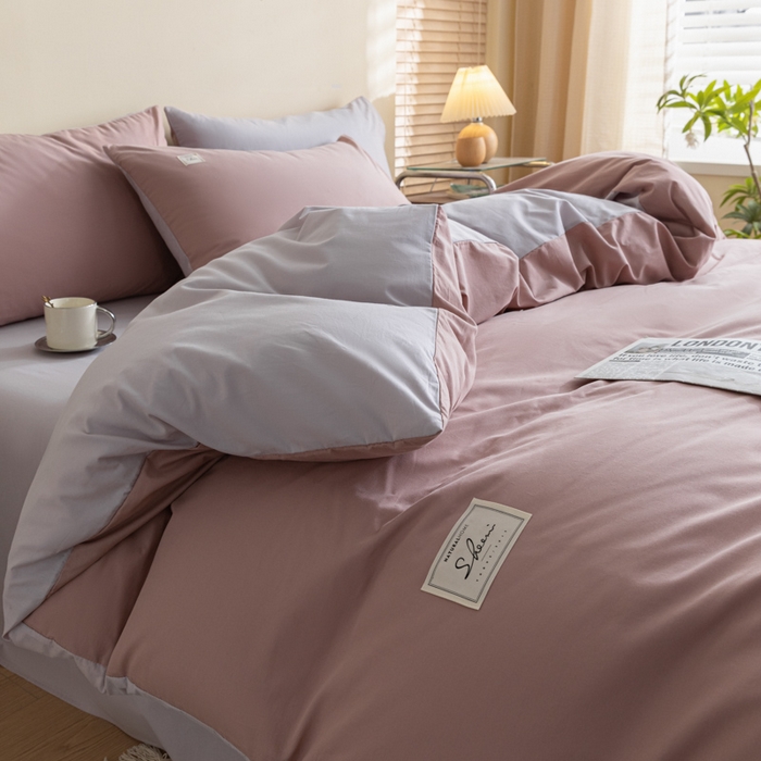 91家纺网 家纺一手货源 找家纺 ab家纺 2024新款40支全棉水洗棉双拼四件套 豆沙香芋紫