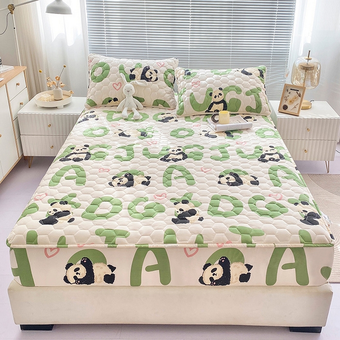 91家纺网 家纺一手货源 找家纺 九亭家纺 2024新款A类抗菌全棉夹棉防水床笠 防水款_字母熊猫