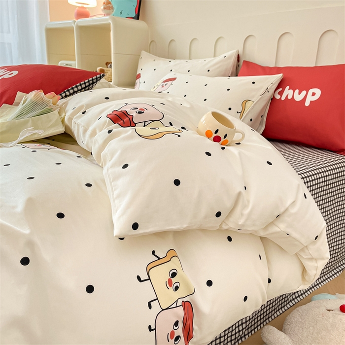 91家纺网 家纺一手货源 找家纺 呗旺鹿  2024新款舒适亲肤全棉40支大平网定位枕萌趣印花卡通四件套 蜜糖吐司