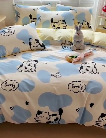 91家纺网 家纺一手货源 找家纺 西引力 2024新款全棉卡通印花单被套 奶牛猫 